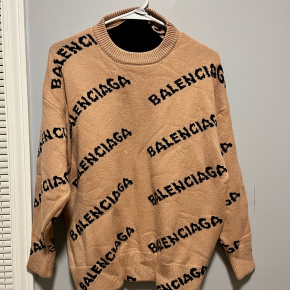 Balenciaga Tan Crew Neck Sweater with Black Logo Pattern
